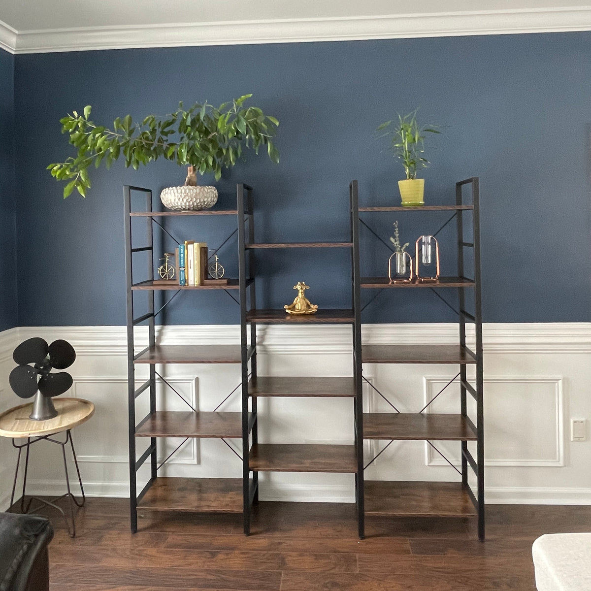 17 Stories Bookcases and Bookshelves Triple Wide 5 Tiers Industrial Bookshelf, Large Etagere Bookshelf Open Display Shelves with Metal Frame for Livin
