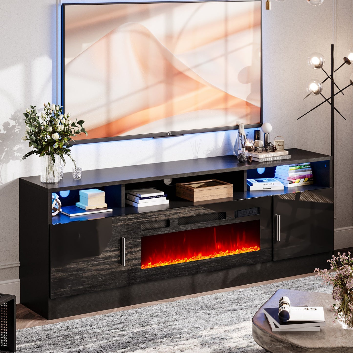 
                  
                    Fireplace TV Stand with 36” Electric Fireplace, 70” Fireplace Entertainment Center LED Lights, 2 Tier TV Console for TVs Up to 80"
                  
                
