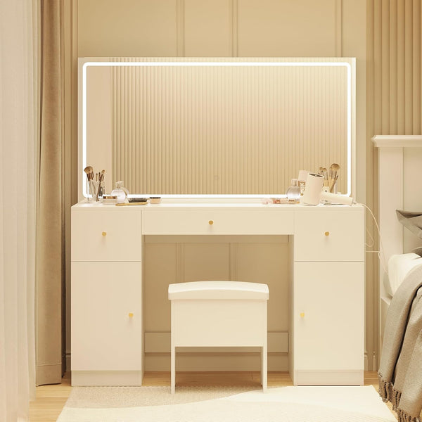 Large LED Mirror Vanity Desk Set, Makeup Vanities with Drawer & Cabinet