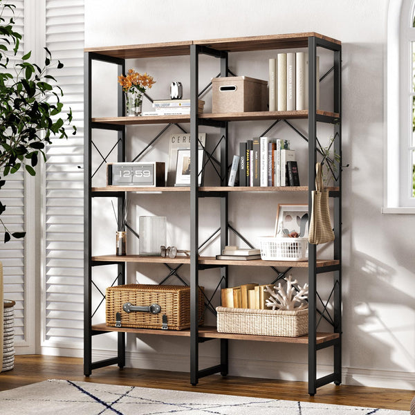 Double Wide 5/6-Tier Industrial Vintage Wood Style Bookshelf