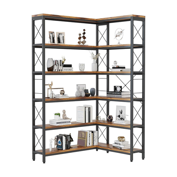 6-Tier L-Shaped Vintage Industrial Bookshelf with Etagere Shelf