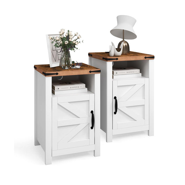 Farmhouse Barn Door Nightstand Set of 2 with USB Socket