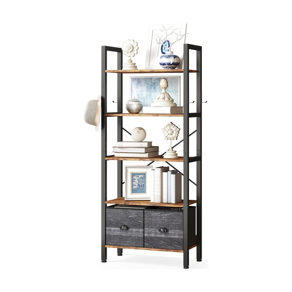 19.7" Width 5-Tier Rustic style Wood Bookshelf with Storage Drawer