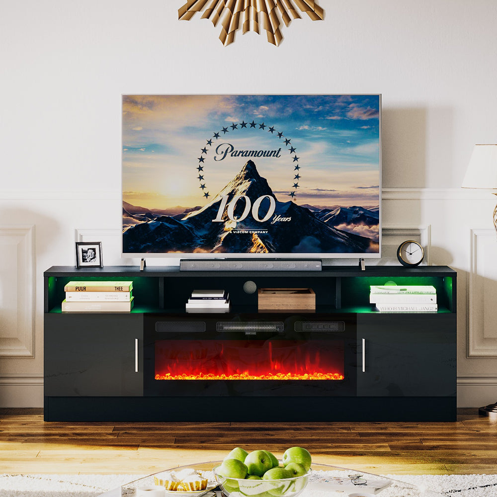 Fireplace TV Stand with 36” Electric Fireplace, 70” Fireplace Entertainment Center LED Lights, 2 Tier TV Console for TVs Up to 80