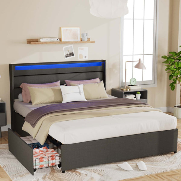 Queen Size Bed Frame with RGBW LED Lights, Upholstered Headboard & 4 Storage Drawers, Thickened Hardwood Slats, Dark Grey