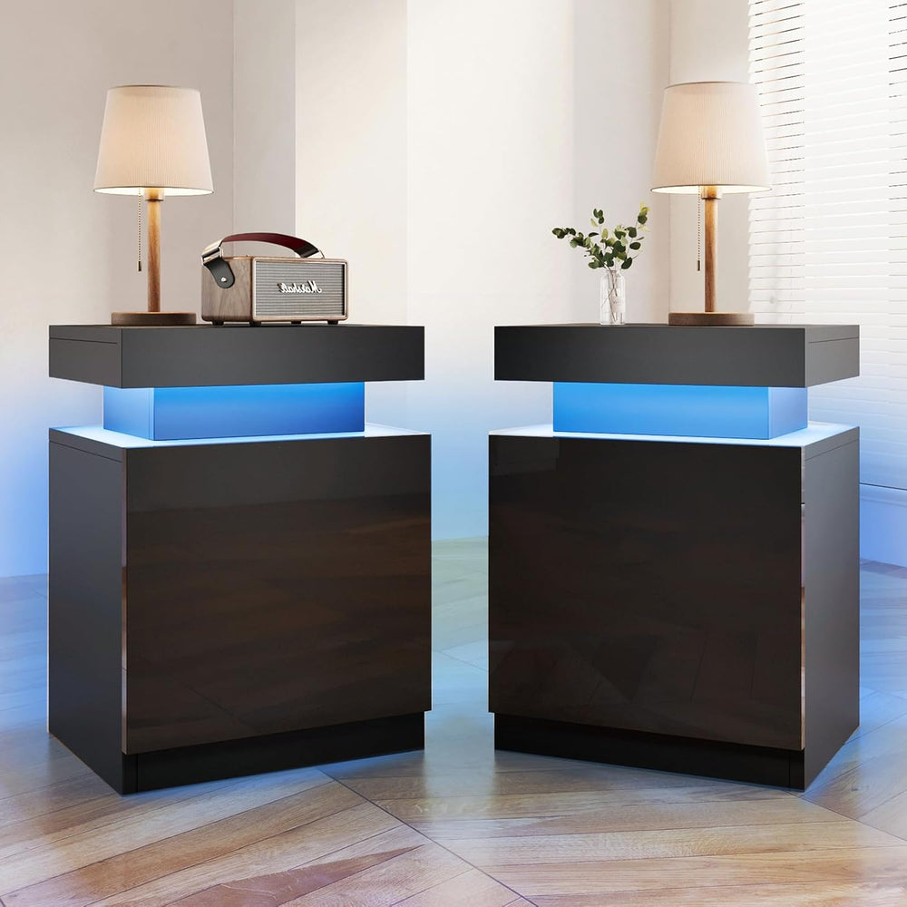 Modern LED Nightstand, Bedside Table with LED Lights and Storage Cabinet, Set of 2