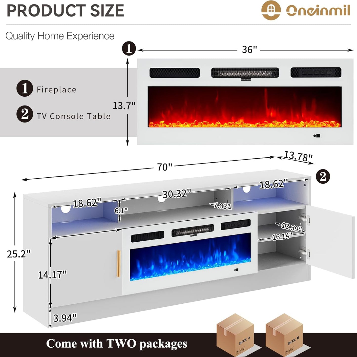 
                  
                    70" Modern High Gloss TV Stand with 36" Electric Fireplace, 2 Tier Entertainment Center with LED Lights, for TVs Up to 80"
                  
                