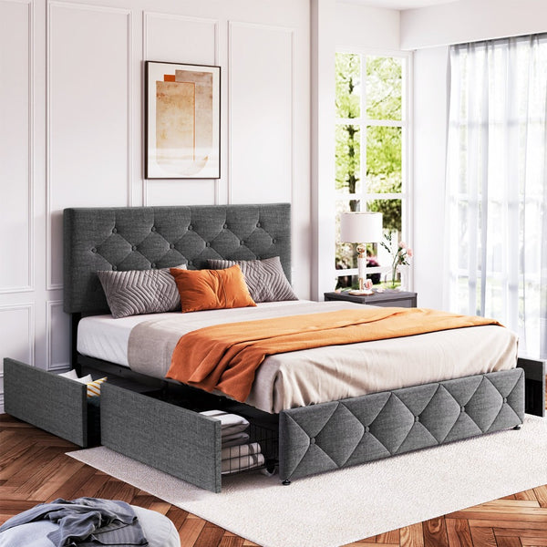 Queen Size Bed Frame Upholstered Platform with Adjustable Headboard, 4 Storage Drawers, Grey