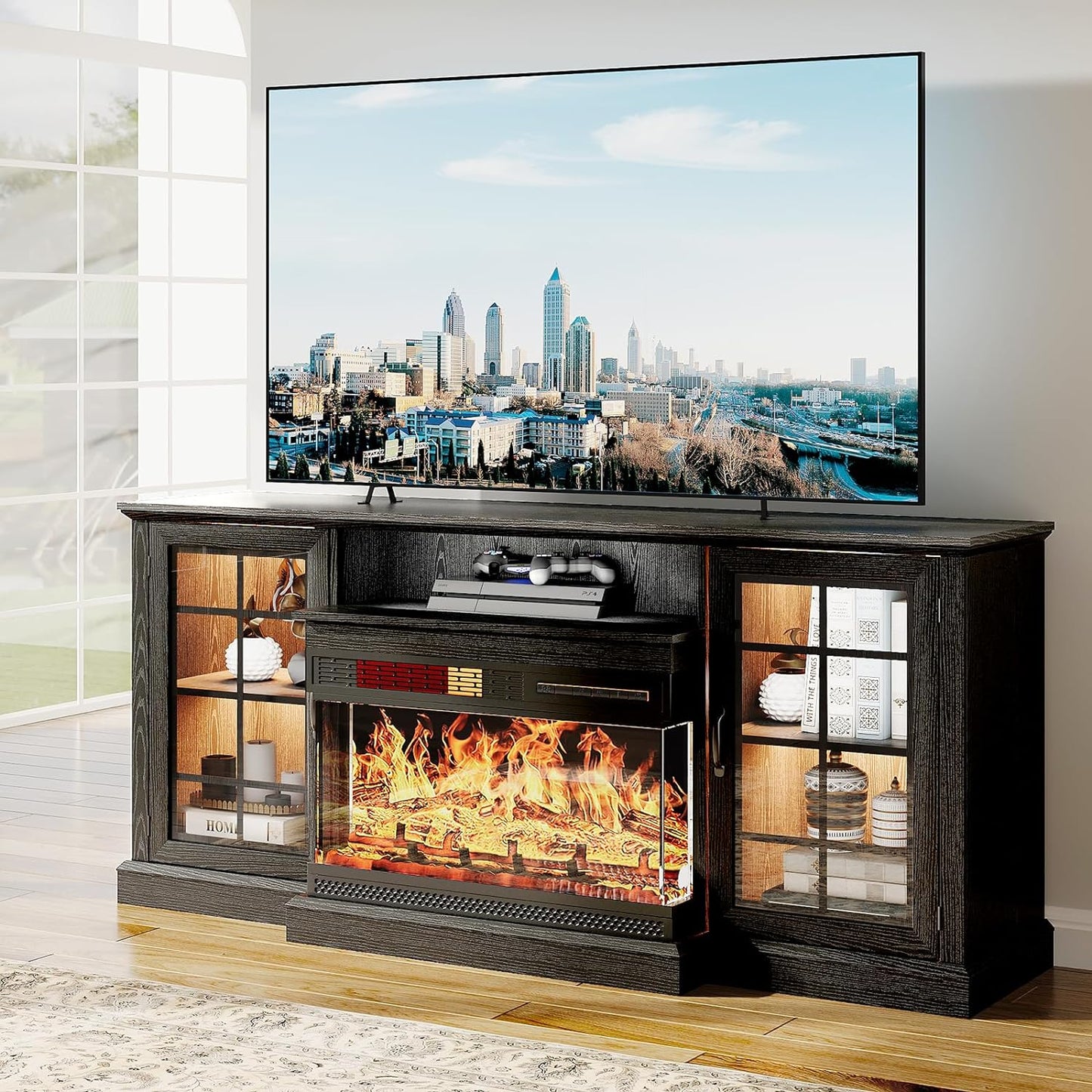 
                  
                    3-Sided Glass Fireplace TV Stand with 2 Glass Cabinets, 12-color LED Strip
                  
                