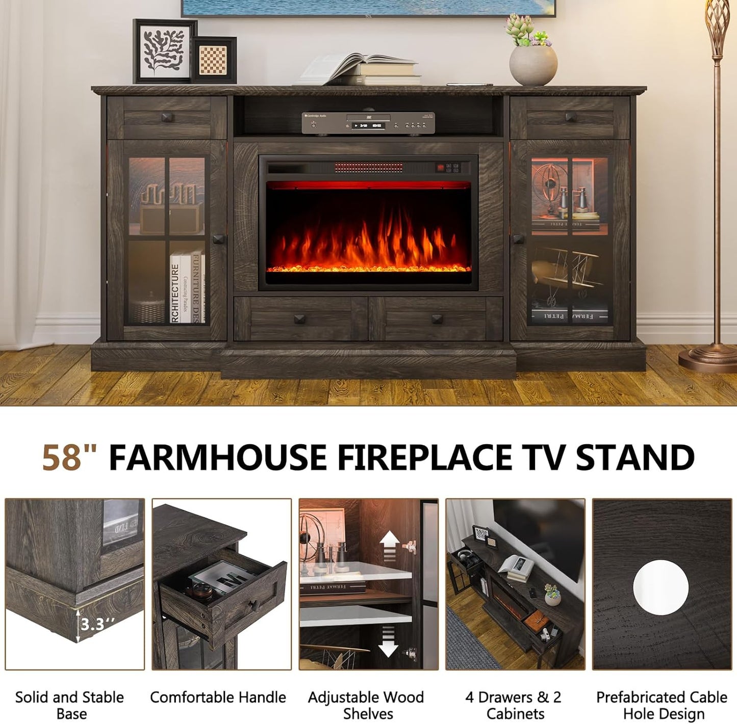 
                  
                    58'' Fireplace TV Stand with 23" Electric Fireplace and 2 Glass Door Cabinets, for TVs Up to 65 inch
                  
                