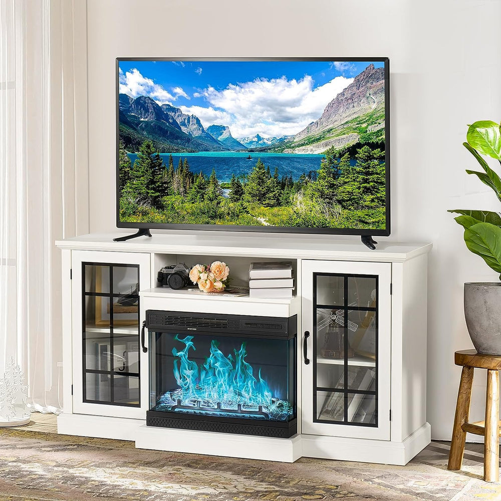 3-Sided Glass Fireplace TV Stand with 2 Glass Cabinets, 12-color LED Strip