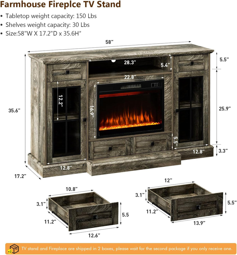 
                  
                    58'' Fireplace TV Stand with 23" Electric Fireplace and 2 Glass Door Cabinets, for TVs Up to 65 inch
                  
                