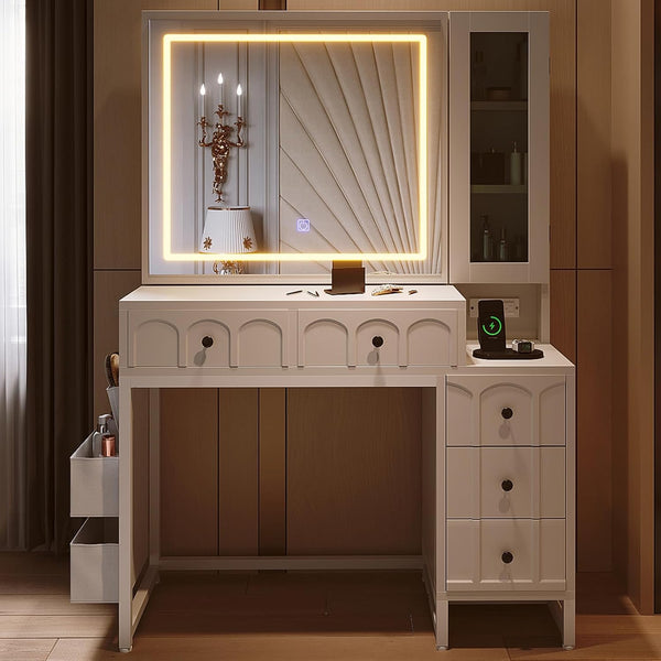 Modern LED Lighted Mirror Vanity Desk with Drawers, Cabinet, Side Storage Bag